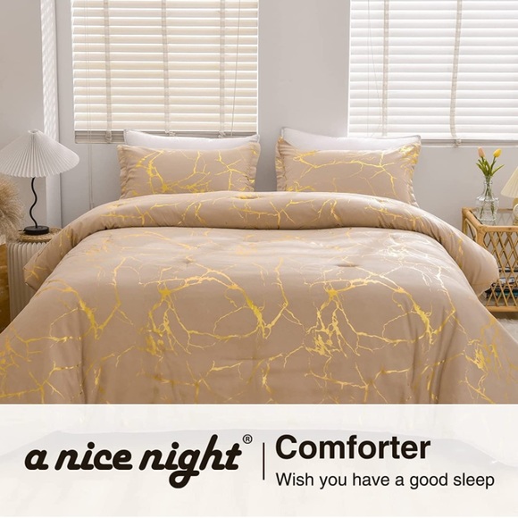 Queen Taupe Marble Comforter Set, Gold Metallic Foil Printed - Picture 7 of 7
